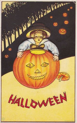 Old Vintage Halloween Postcard Boy With Jol Line Of Trees Yellow Card