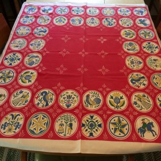 Vintage Simtex Tablecloth Penn Dutch Colonial Print Red Blue Yellow