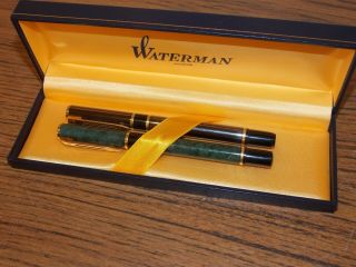 2 Vintage Waterman France Green & Silver Fountain Pens Medium Nibs