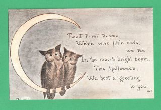 Vintage F.  A.  Owen Artist Signed Halloween Postcard Owls Sit On Crescent Moon