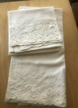 2 Vintage White Cotton Pillow Cases Cut Work Outs Embroidery Roses Flowers 3