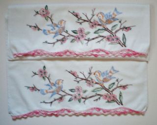 Vintage Embroidered Pillow Cases With Crocheted Trim Blue Birds