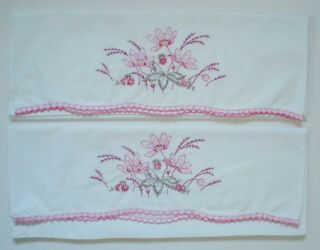 Vintage Embroidered Pillow Cases With Crocheted Trim Floral Design