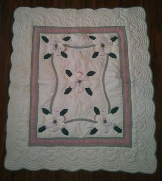 Vintage Patch Work White Pink Floral Quilt Quilted Hand Made Small 48 X 57.  5