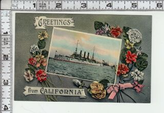 " Greetings From California " - Flowers Around View Of U.  S.  S.  Jersey In Center