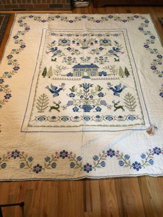 Vintage Hand Stitched Quilt For Repair Full Queen Size Embroidered Needlework