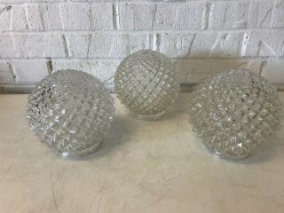 Vintage 3 Clear Diamond Cut Glass Lamp Globes Round Shade