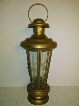 Vintage Turkish Solid Brass Lantern Candle Holder Beveled Etched Glass Panels