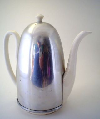 Vintage White Porcelain Coffee Tea Pot With Aluminum Insulating Sleeve Cover