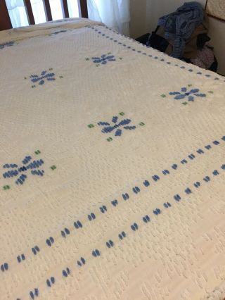 Vintage Chenille Bedspread - White With Blue Flowers Very Soft 90x103