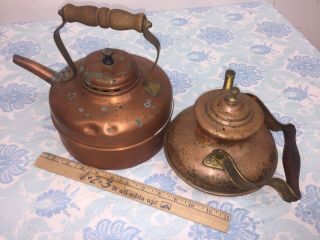 2 - vintage Copper Tea Pots With Wood Handles 2