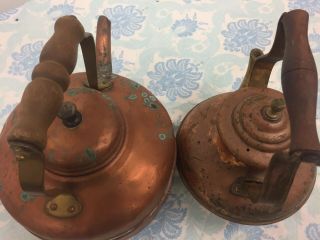 2 - vintage Copper Tea Pots With Wood Handles 3