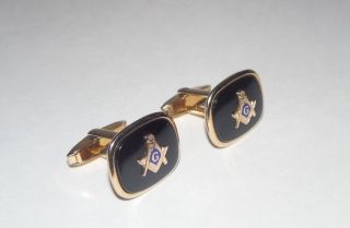 Vintage Foster Masonic Freemason Square And Compass Emblem Black Gold Cufflinks