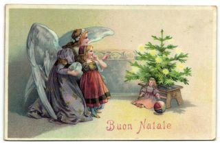 Large Winged Angel With Child By Christmas Tree And Old Postcard