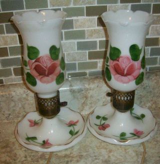 2 Vintage Milk Glass Table Lamp Hand Painted Rose Hobnail Base Hurricane Light