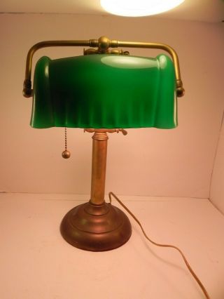 Vintage Brass Desk Bankers Piano Lamp With Green Cased Glass Shade Multiple Adj