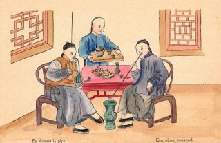 Vintage Hand Colored China Postcard " Chinese Pipe Smokers Smoking "