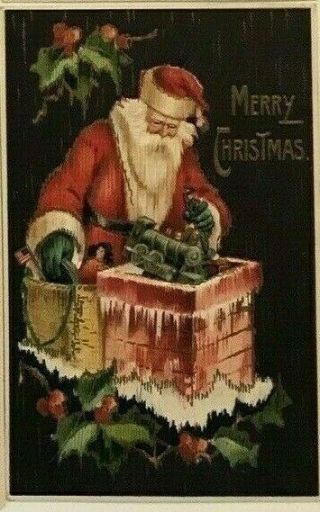 Santa Claus Chimney Train Toys Usa Flag Patriotic Christmas Postcard - C562