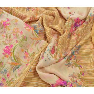 Sanskriti Vintage Cream Saree 100 Pure Silk Printed 5 Yard Sari Craft Fabric