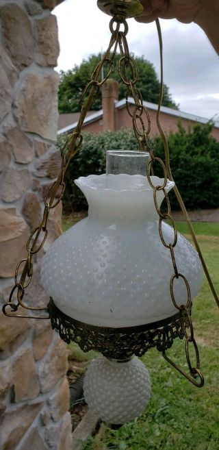 Hobnail Hurricane Hanging Lamp Swag Light White Milk Glass Vintage 23.  5 "