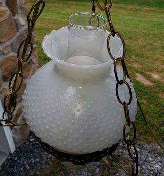 Hobnail Hurricane Hanging Lamp Swag Light White Milk Glass Vintage 23.  5 