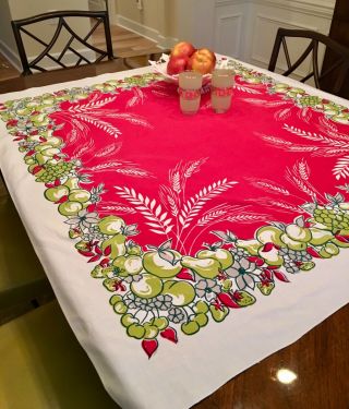 Vibrant Vintage Tablecloth - Apples,  Pears,  Strawberries In Red/chartreuse/teal