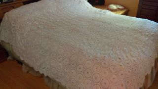 Vintage 1975 Hand Crochet Bed Cover Spread With Hexagon Shapes