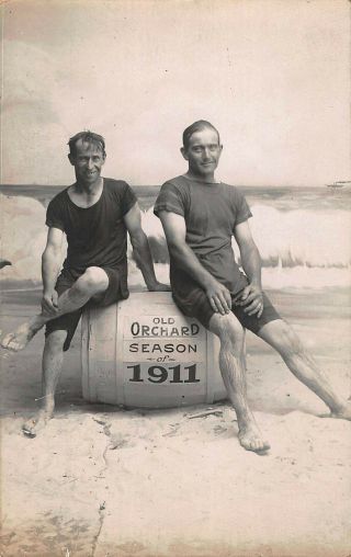 1911 Rppc Old Orchard Beach Maine Victorian Men Swimsuit Portrait Ocean Sea Me