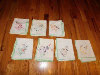 Victorian Girl Day Of Week Kitchen Towel Set Hand Embroidered Vintage Tablecloth