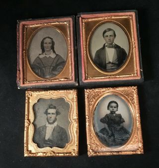 Four 1/9 Plate Ambrotypes: Two Young Men,  A Young Woman,  And A Child