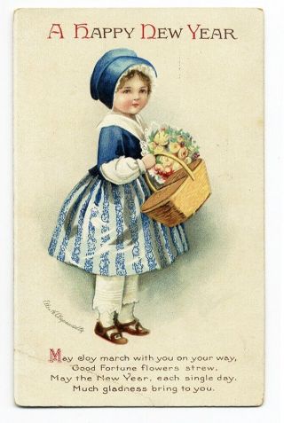Year Postcard Ellen Clapsaddle 1915 Pretty Little Girl Flower Bouquet A/s