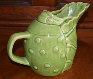 Vintage Bright Green Ceramic Lady Bug Shaped Figural Pitcher 8 " Tall X 11 " Wide