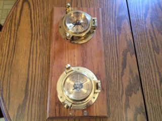 Vintage Bulova Nautical Ship Porthole Clock Barometer Brass And Oak Plaque