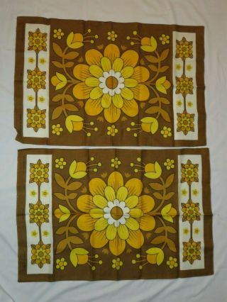 2 Vtg Mid Century Modern Linen Tea Towels Ireland Old Bleach Brown Yellow Floral