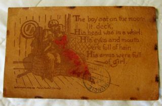 Estate Vintage Leather Postcard - The Boy Sat On The Moon Lit Deck.  1906