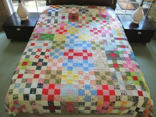 Vintage Hand Pieced Nine Patch Quilt Block; Novelty Prints Bowling Darts Puppies