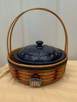 Longaberger All - American Casserole Basket,  Pottery Dish W/ Lid Protector Tie On