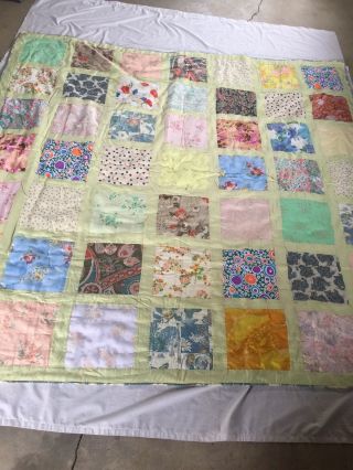 Vintage Handmade Quilt 80 X 80” Satins Cottons And Some Polyester/ Floral Back
