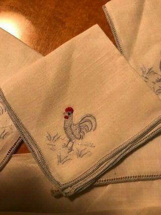 12 Vintage Linen Embroidered Cocktail Napkins With Rooster Design