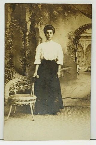 Rppc Victorian Woman In Photography Studio Lovely Backdrop 1900s Postcard H11
