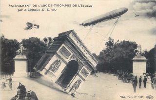 Surrealism France Old Postcard Enlevement De L`arc De Triomphe Par Zeppelin