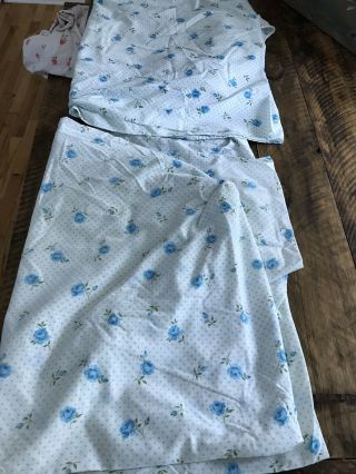 Vtg Cannon Twin Size Fitted Bed Sheet Blue Rose Dream Fabric Dots Roses Set Of 2 2