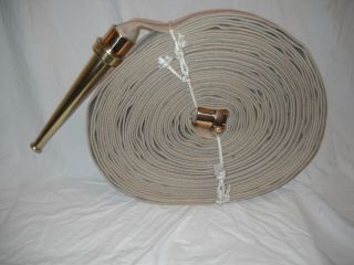 Vintage Fire Hose With Brass Couplings And Nozzle