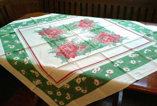 Fabulous Vintage Mid Century Red And Green Floral Tablecloth,  49 X 50