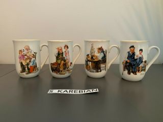 Norman Rockwell Museum Mugs 1982 Gold Trim 4 Cups Made In Japan Rare Antique