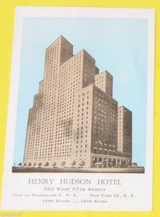 Henry Hudson Hotel - York City Early 1940s Postcard See