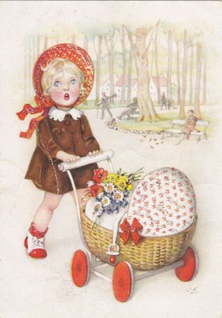 1950s Fritz Baumgarten Little Girl W/ Buggy In The Park Old German Postcard