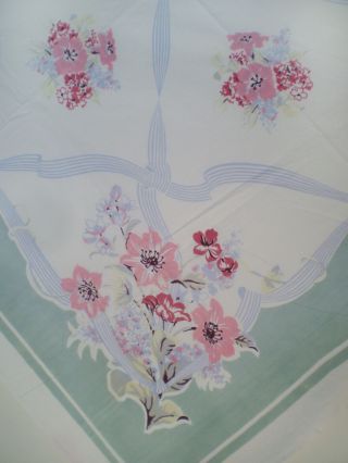 Vintage 1950s Printed Cotton Tablecloth Pale Ribbons & Flowers 52 " X 49 "