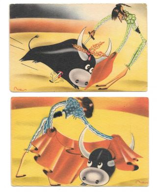 (2) Vintage Postcards Don Toro Artist Signed Bull Fighter Circa 1939 Fischgrund