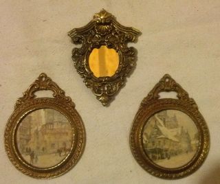 Set Of 3 Vintage Brass Frames Miniatures With Old Prints And Mirror